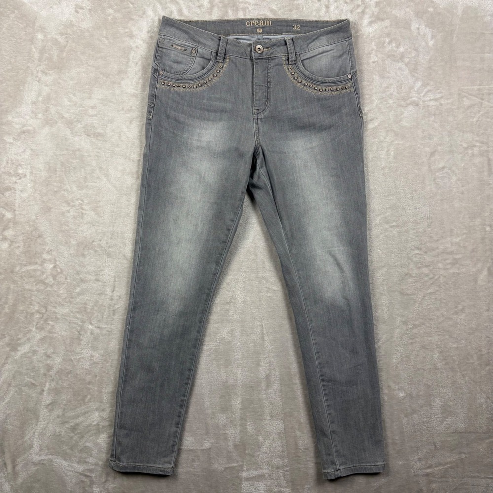 Cream Denim Jeans Women 32 Grey Studded Embroidered Skinny Mid Rise Boho Western